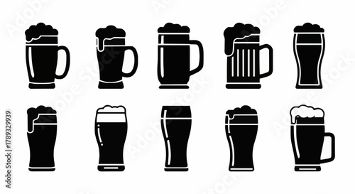Beer Mug Icons Collection of Diverse Glassware Styles for Drink Menus