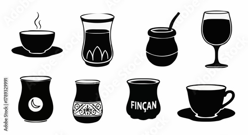 Diverse collection of beverage containers in black silhouette style, featuring various cups, glasses, and mugs for tea, coffee, and wine, ideal for graphic design elements