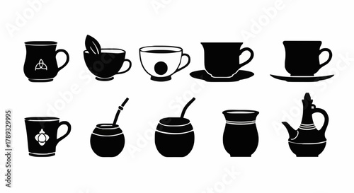 Iconographic set of beverage containers in a simple black silhouette style, representing global tea, coffee, and herbal drink cultures
