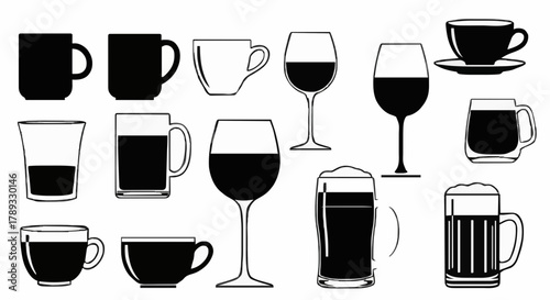 Diverse Beverage Collection A Vector Illustration of Cups, Mugs, Glasses, and Drinkware Variety