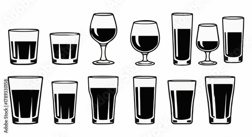 Collection of Various Barware and Beverage Glasses, Including Tumblers, Wine Glasses, and Highball Glasses