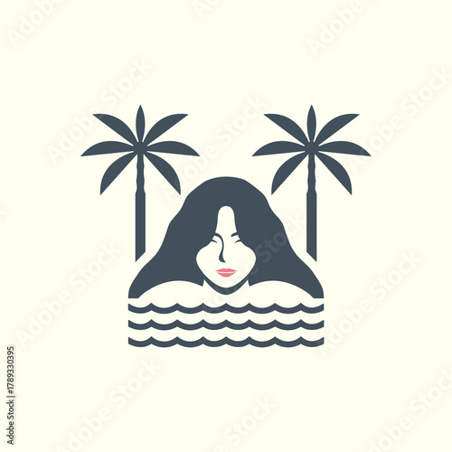 Serene woman relaxing in the ocean between two tropical palm trees.