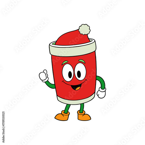 Cute cartoon red cup character wearing a santa hat giving a thumbs up isolated on white background