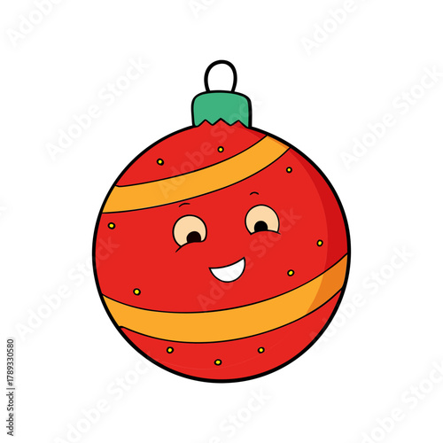 Cute happy red christmas ornament with yellow stripes isolated on white background