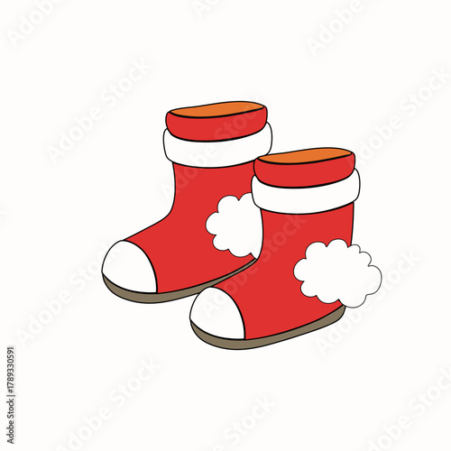 Pair of cute cartoon red winter boots with white trim and fluffy clouds isolated on white background