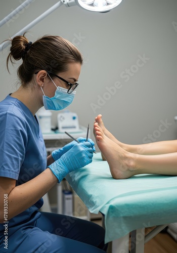 Caring professional examining the feet of a child client in a brightly lit clinic office setting using medical tools and instruments ,youthful ,bright ,friendly