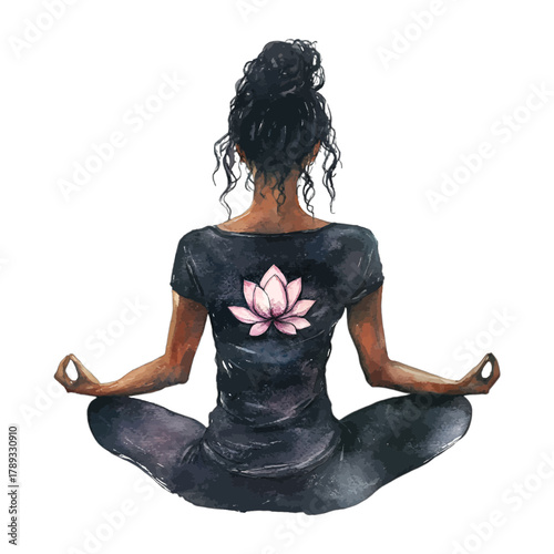 Watercolor Woman Meditating in Lotus Pose with Back View Vector Illustration
