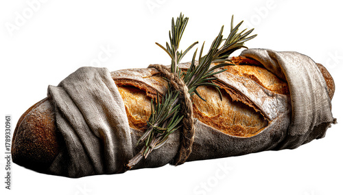 Rustic loaf of bread wrapped in linen cloth, adorned with rosemary sprigs