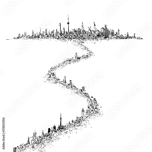 Cityscape sketch drawing of urban skyline with tower buildings and architecture illustration art design