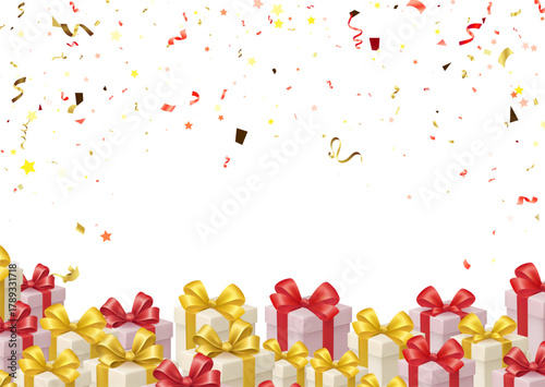 celebration background White and light pink gift boxes with red and gold bows fill the bottom Colorful confetti and stars rain from above Ideal for birthday party invitations