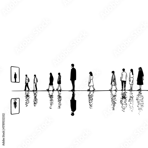 Black and white illustration of people walking in a line with reflections art drawing minimalist style design