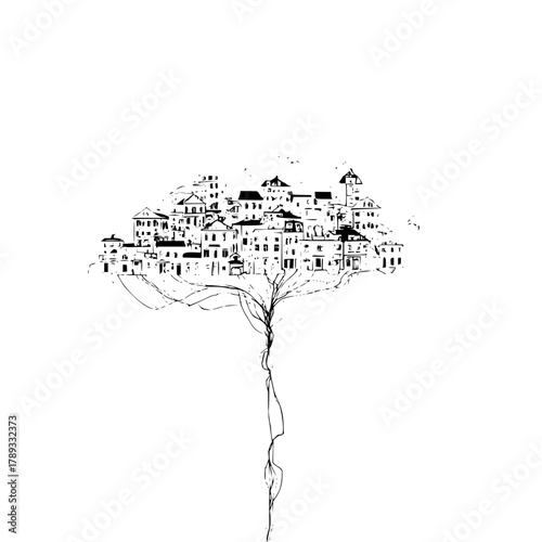 Urban landscape sketch of city buildings on tree roots black and white architectural drawing style illustration