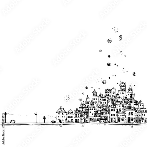 Hand drawn sketch of cityscape with houses and buildings vector illustration for architecture design concept
