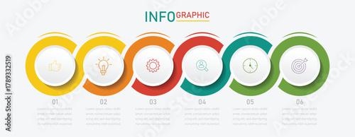 Business circle Infographic template. Timeline with 6 options, steps or processes. Business presentation. Creative design with marketing icons. Vector illustration.
