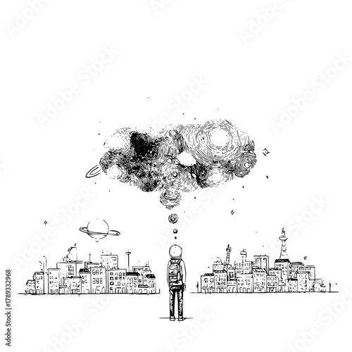 Dreamy cityscape illustration of a person dreaming of space travel and exploration of the universe art
