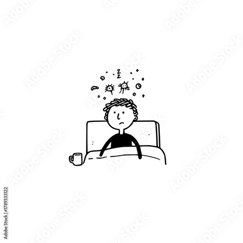 Insomnia sleep disorder sleeplessness problem concept illustration of person awake in bed at night time