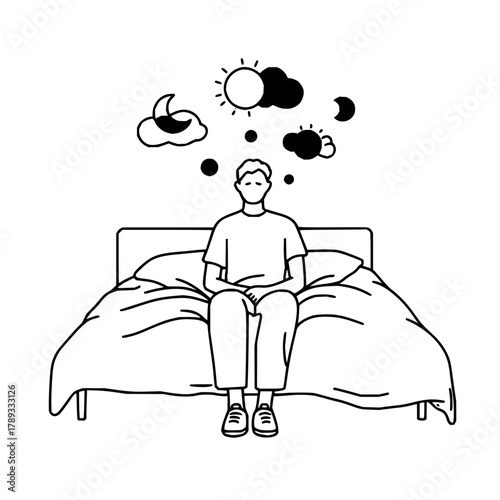 Insomnia sleep disorder man sitting on bed thinking about day night cycle anxiety mental health concept drawing