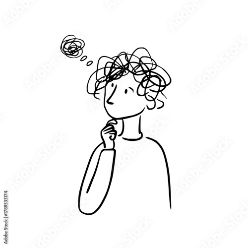 Illustration of a person thinking with messy thoughts and curly hair doodle art concept design idea drawing