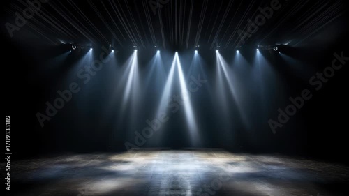 Dramatic stage lighting with spotlights beaming down from above. Wide-angle shot, perfect for a video backdrop or theatrical production setting. Live desktop wallpaper.