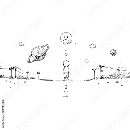 Boy standing on a line looking at planets and sad moon drawing illustration space exploration line art scene
