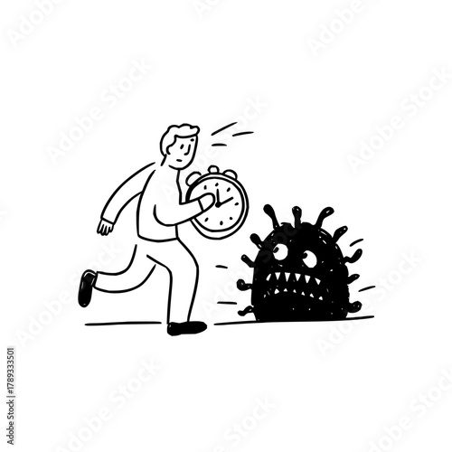 Man running away from virus with clock deadline concept for health time management and disease prevention