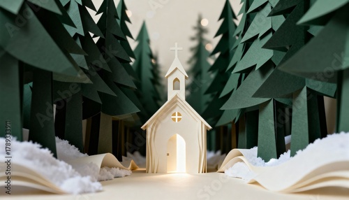 Fototapeta Naklejka Na Ścianę i Meble -  A small white church nestled in a snowy forest, with light emanating from its doorway