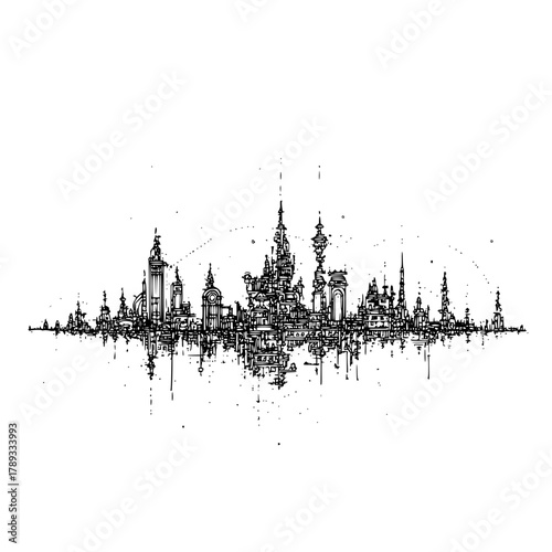 Detailed city skyline sketch illustration vector art black and white cityscape design drawing architecture view
