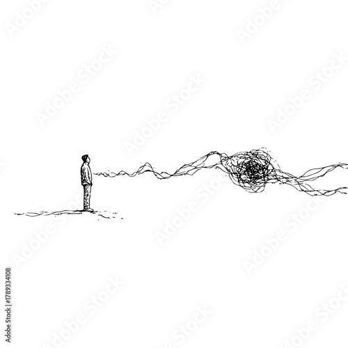 Mental health concept art illustration of man with tangled thoughts and anxiety on white background drawing