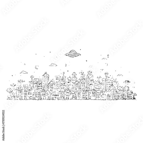 Ufo sighting over cityscape drawing vector illustration alien invasion urban landscape drawing sketch art