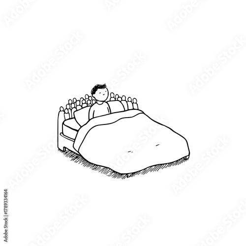 Cartoon illustration of man in bed surrounded by crowd concept for anxiety and social pressure problems