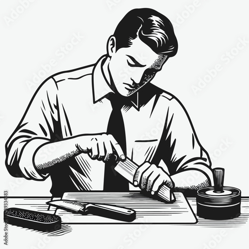 Illustration of a man sharpening a knife