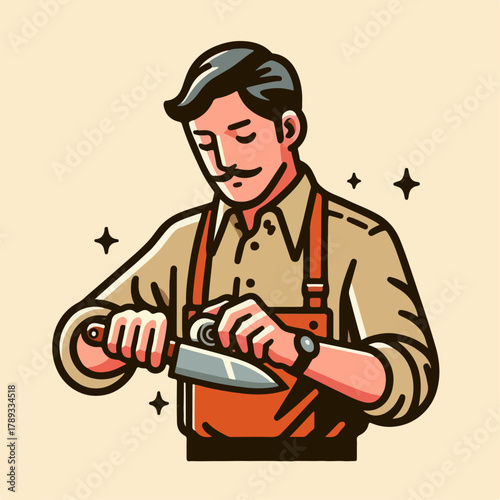 Illustration of a man sharpening a knife