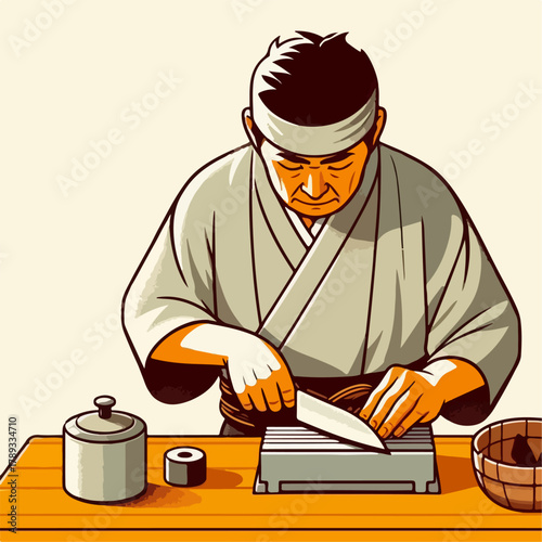Illustration of a man sharpening a knife