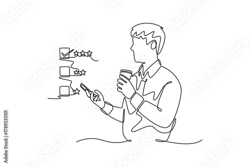 Happy Client customer experience concept. man recording phone inquiry with checkboxes. Product rating concept. Single line draw design. Vector graphic illustration
