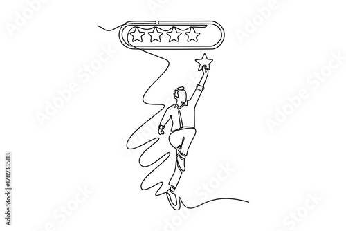 happy handsome mature man hold star. rating concept. Product rating concept. Single line draw design. Vector graphic illustration