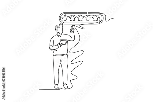 Man holding a tablet, interacting with blue star rating. Product rating concept. Single line draw design. Vector graphic illustration