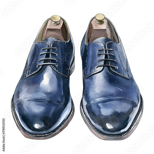 Watercolor Blue Polished Oxford Dress Shoes Vector Illustration
