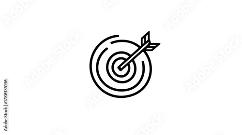 Minimalist line art target with arrow hitting bullseye icon. Concept of goal achievement, success, accuracy, precision, and focus.