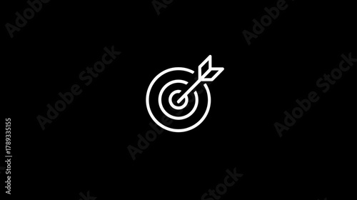 Minimalist white outline target icon with arrow hitting the center on a black background, symbolizing success, goal achievement, and accuracy.
