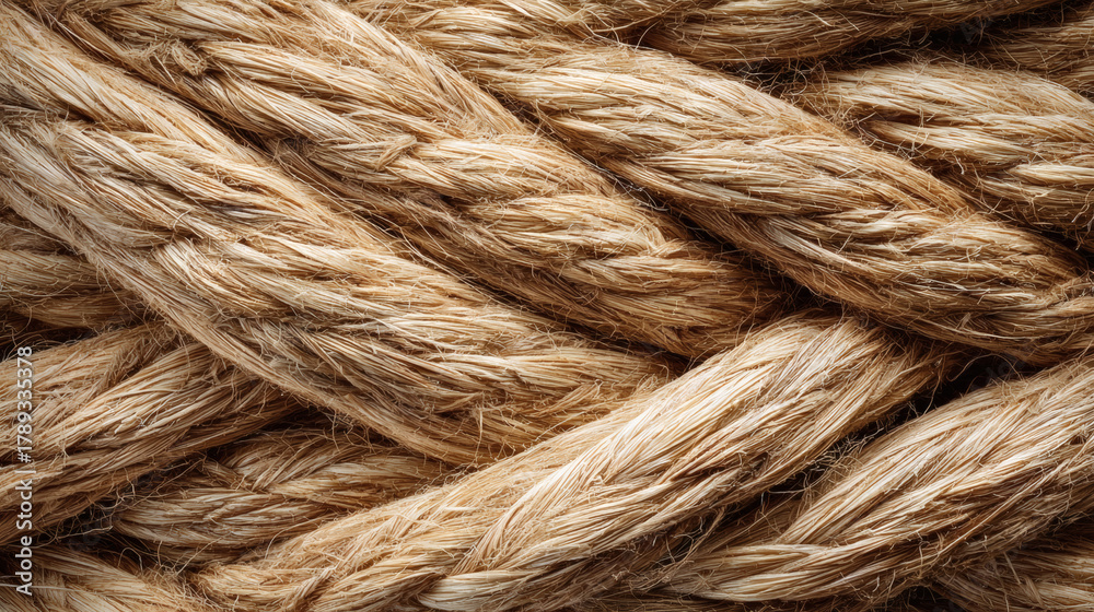 Fototapeta premium Close-up view of a thick, textured rope made of natural fibers, tightly wound.