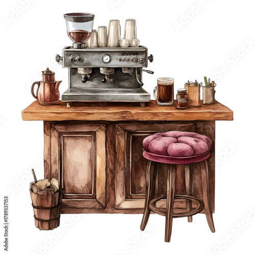 Watercolor Rustic Wooden Coffee Bar Counter with Vintage Espresso Machine
