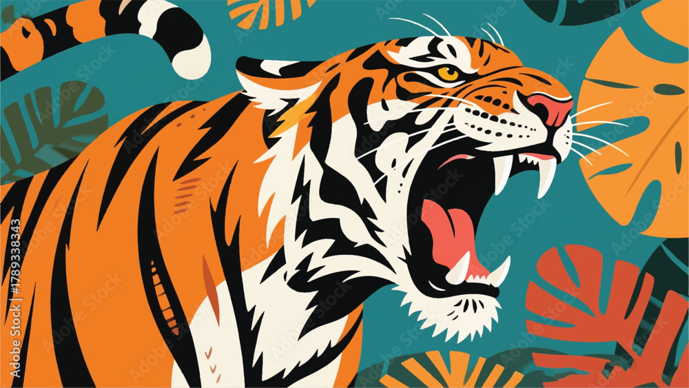 Fototapeta premium Tiger Roaring With Leaves Illustrator Artwork Banner Background Design Template 