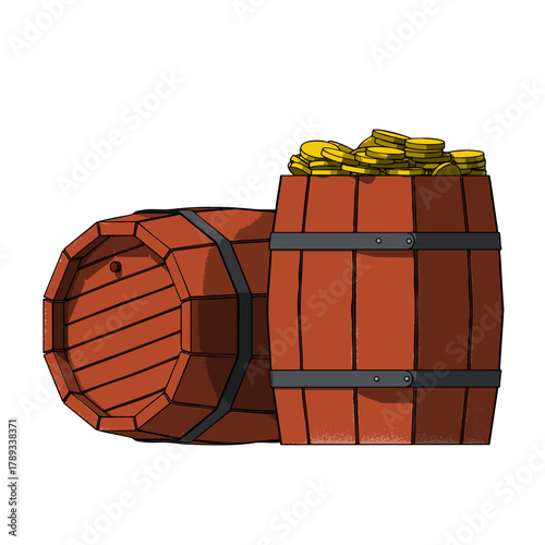 Wooden Old Vintage Barrel with Metal Bands filled by Gold Coins. Vector Illustration.