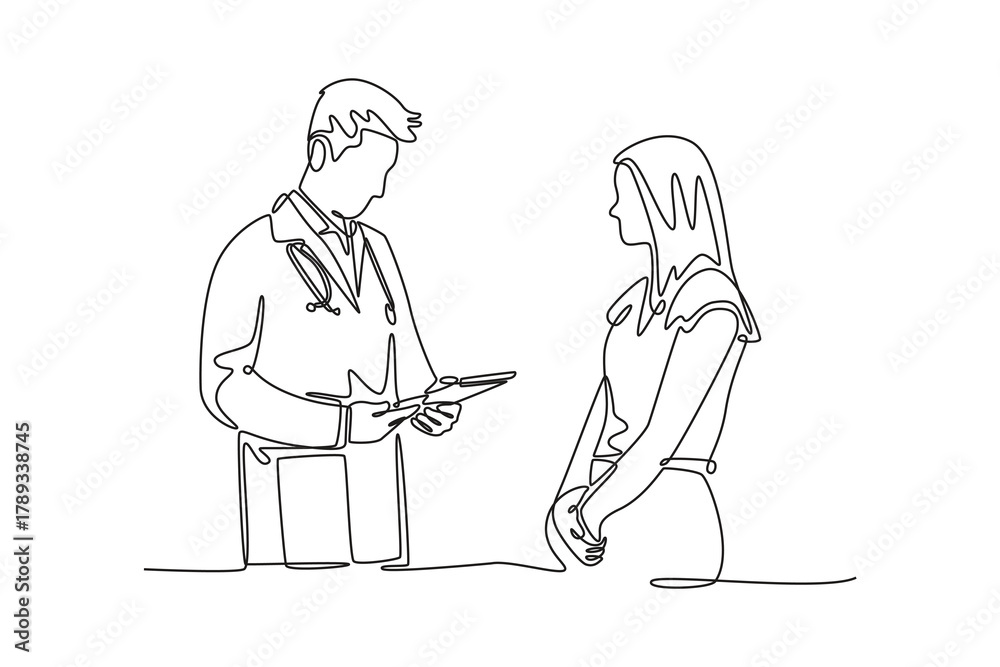 Obraz premium male doctor holding a clipboard explaining the diagnosis results to the patient. Doctor and patient concept. Single line draw design. Vector graphic illustration