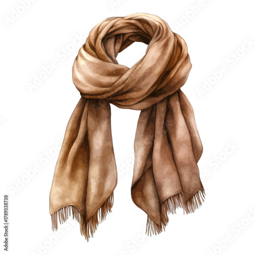 Watercolor Brown Wool Scarf with Fringes Vector Illustration
