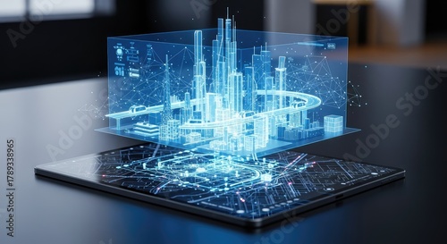 Digital city hologram projection above tablet on dark surface table