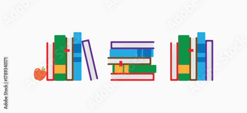 Set of colorful book icons with an apple. Stacked books and shelf row design for library and education vector