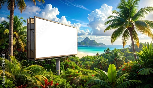 Fototapeta Naklejka Na Ścianę i Meble -  A blank roadside advertisement stands prominently amidst tropical foliage, palm trees, and a sun-drenched beach with an ocean vista