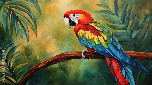 Vibrant macaw parrot perched on a branch in a lush tropical setting