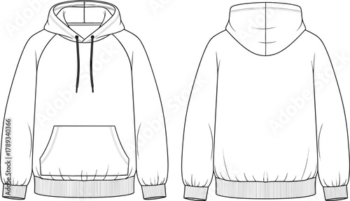 Flat technical sketch vector illustration template oversized unisex raglan sleeve hooded sweatshirt front back views design detail for apparel fashion design.